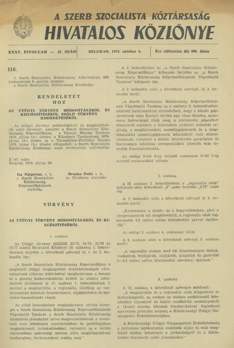 A Szerb Szocialista Köztársaság Hivatalos Közlönye, 35. évf. 1979. október 6. 43. sz. 1685–1686. oldal