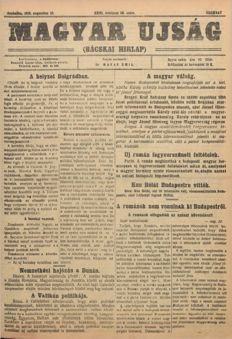 Bácskai Hirlap, 23. évf. 1919. augusztus 23. 59. sz.