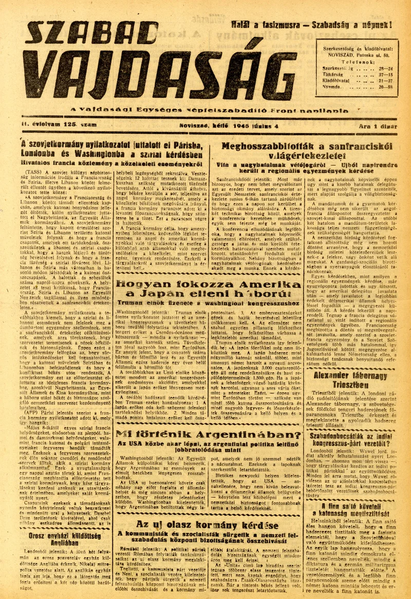 Szabad Vajdaság, 2. évf. 1945. június 4. 125. sz.