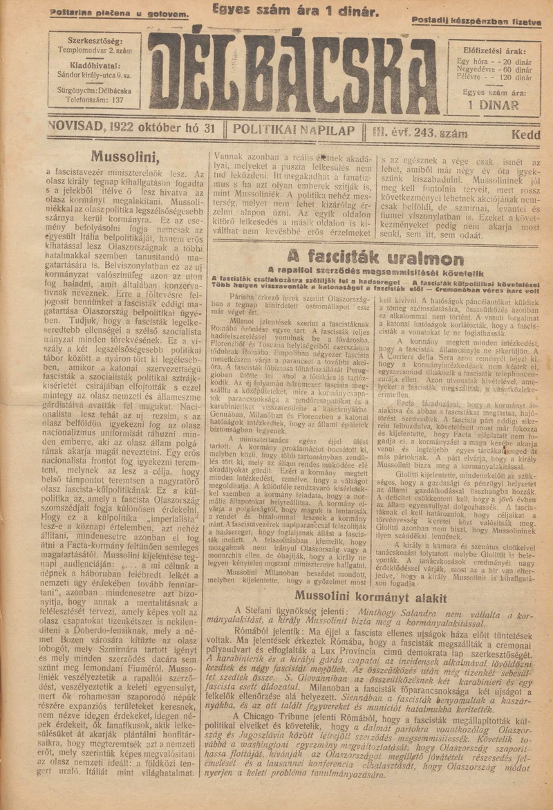 Délbácska, 3. évf. 1922. október 31. 243. sz.