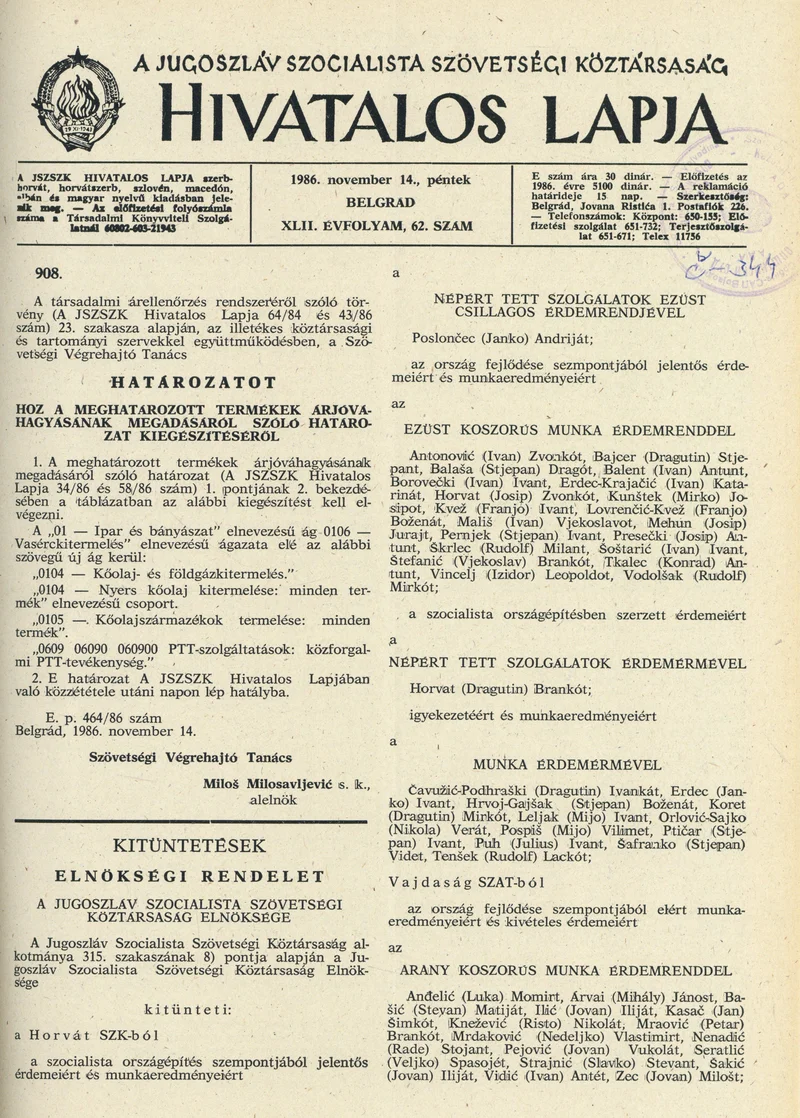 A Jugoszláv Szocialista Szövetségi Köztársaság Hivatalos Lapja, 42. évf. 1986. november 14. 62. sz. 1797–1800. oldal
