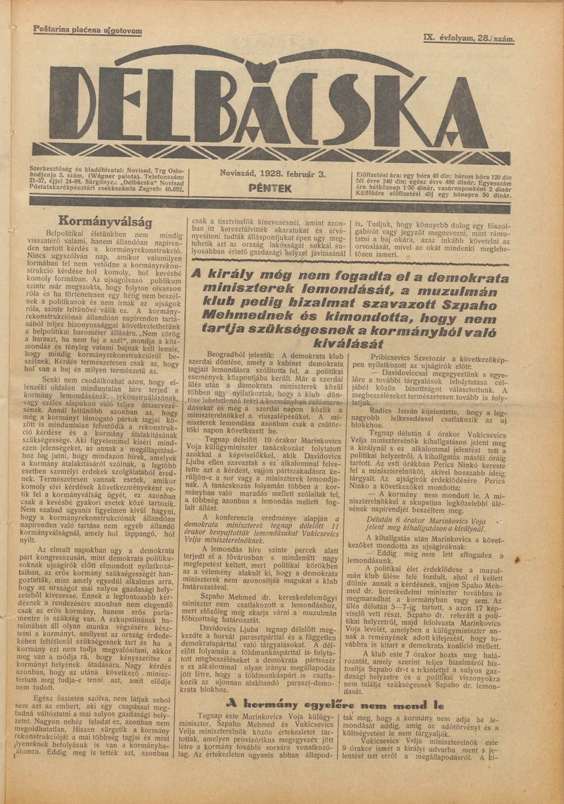 Délbácska, 9. évf. 1928. február 3. 28. sz.