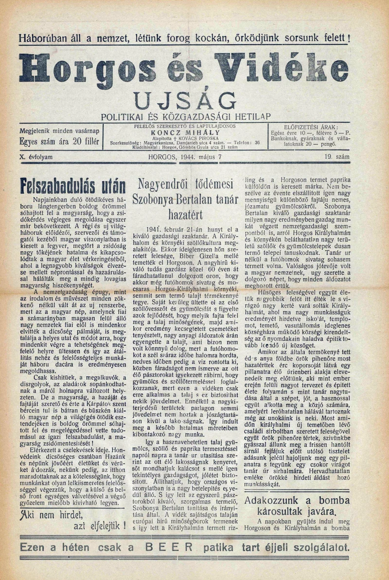 Horgos és vidéke, 9. évf. 1944. május 7. 19. sz.