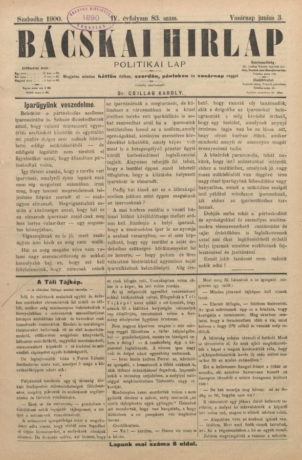 Bácskai Hirlap, 4. évf. 1900. június 3. 83. sz.