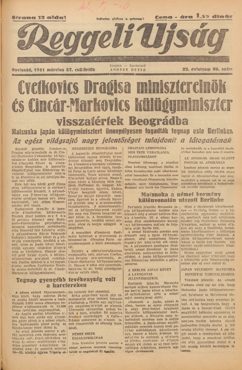 Reggeli Újság, 22. évf. 1941. március 27. 86. sz.
