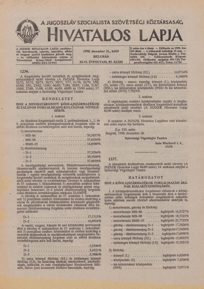 A Jugoszláv Szocialista Szövetségi Köztársaság Hivatalos Lapja, 46. évf. 1990. december 31. 85. sz. 2361–2364. oldal