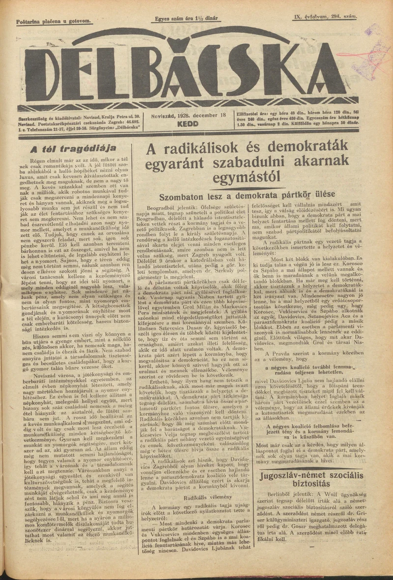Délbácska, 9. évf. 1928. december 18. 294. sz.