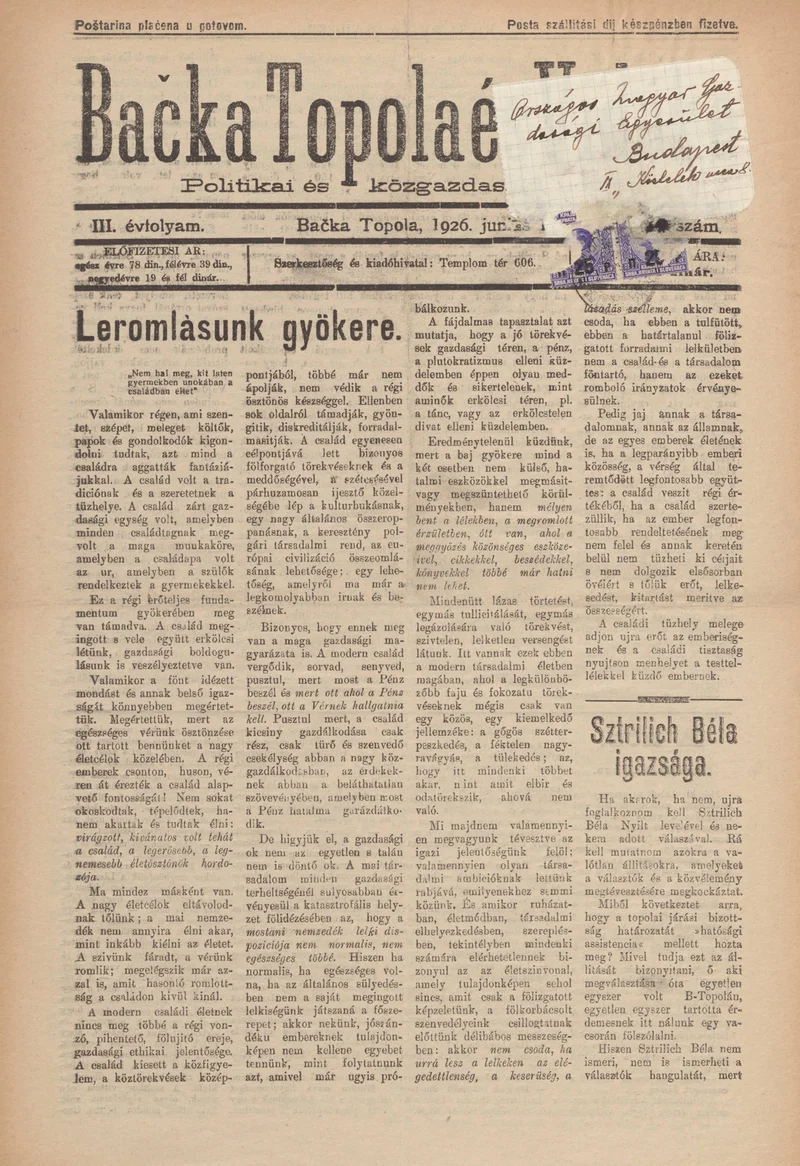 Bačka Topola és Vidéke, 3. évf. 1926. június 13. 24. sz.