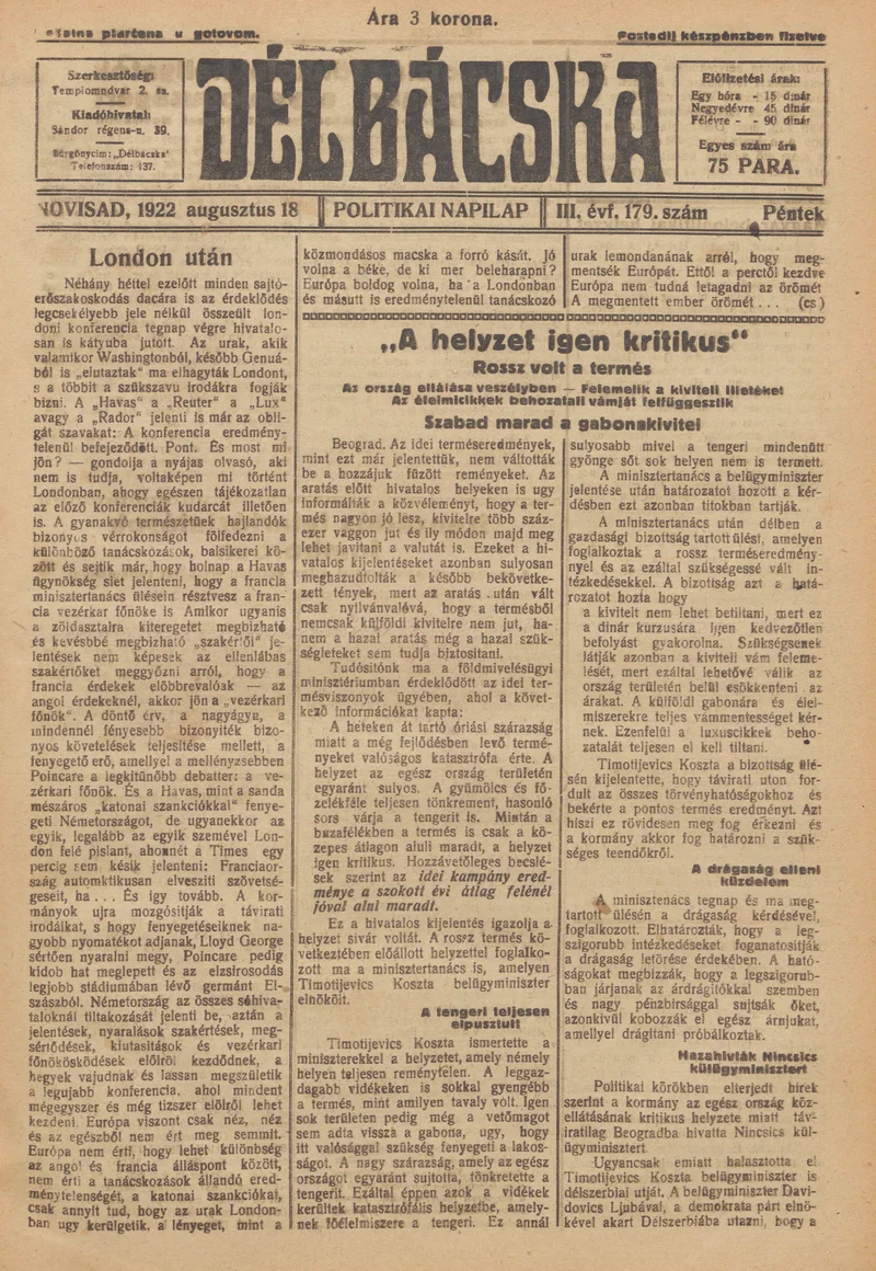 Délbácska, 3. évf. 1922. augusztus 18. 179. sz.