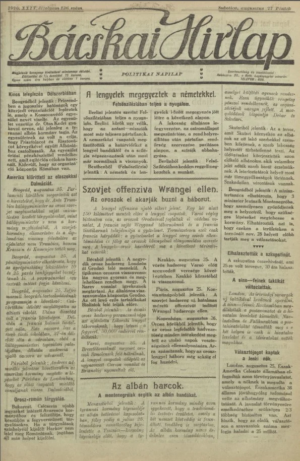 Bácskai Hirlap, 24. évf. 1920. augusztus 27. 136. sz.