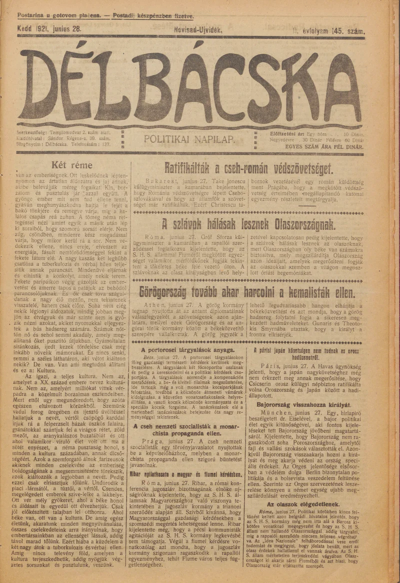 Délbácska, 2. évf. 1921. június 28. 145. sz.