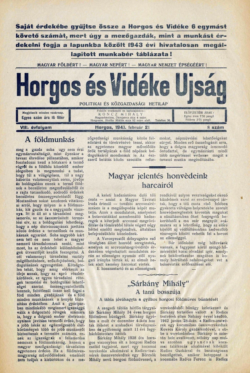 Horgos és vidéke, 8. évf. 1943. február 21. 8. sz.