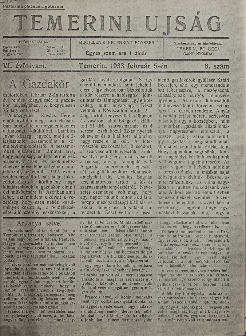 Temerini Újság 1928-1944, 6. évf. 1933. február 5. 6. sz.