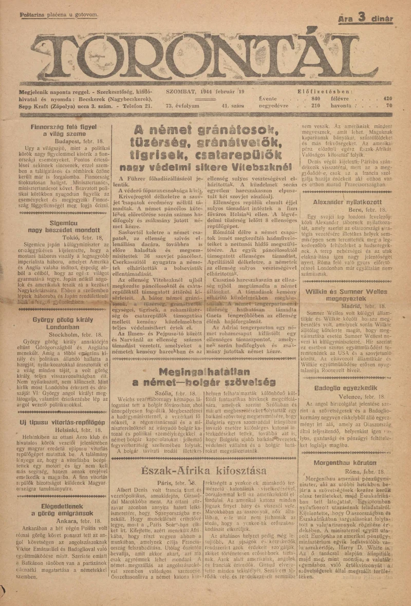Torontál, 73. évf. 1944. február 19. 41. sz.