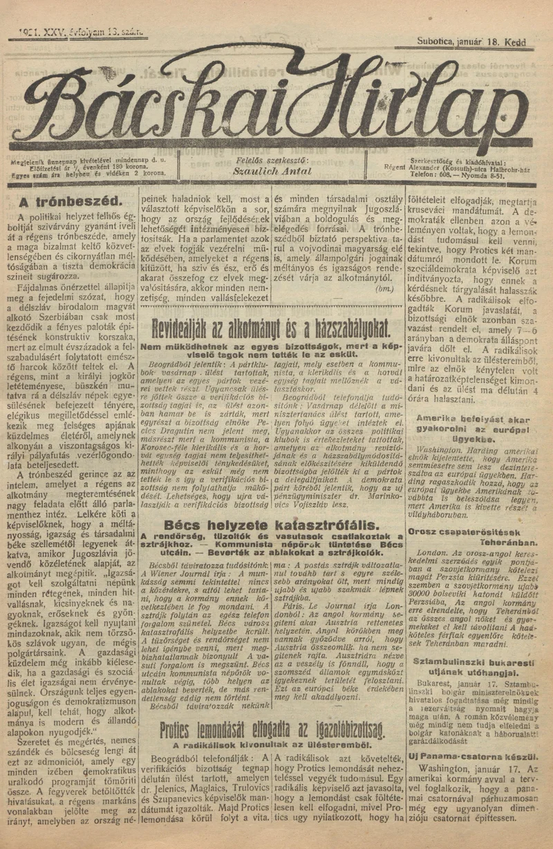 Bácskai Hirlap, 25. évf. 1921. január 18. 13. sz.