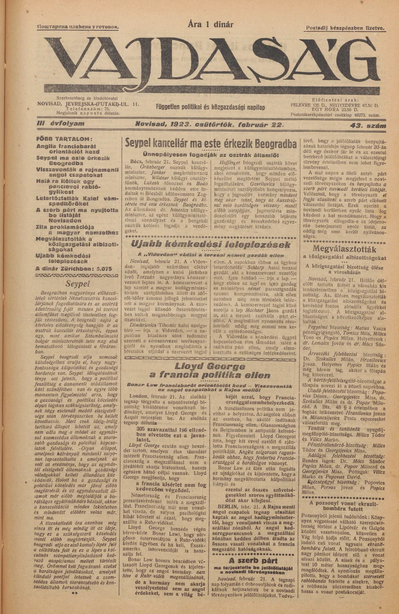 Vajdaság, 3. évf. 1923. február 22. 43. sz.
