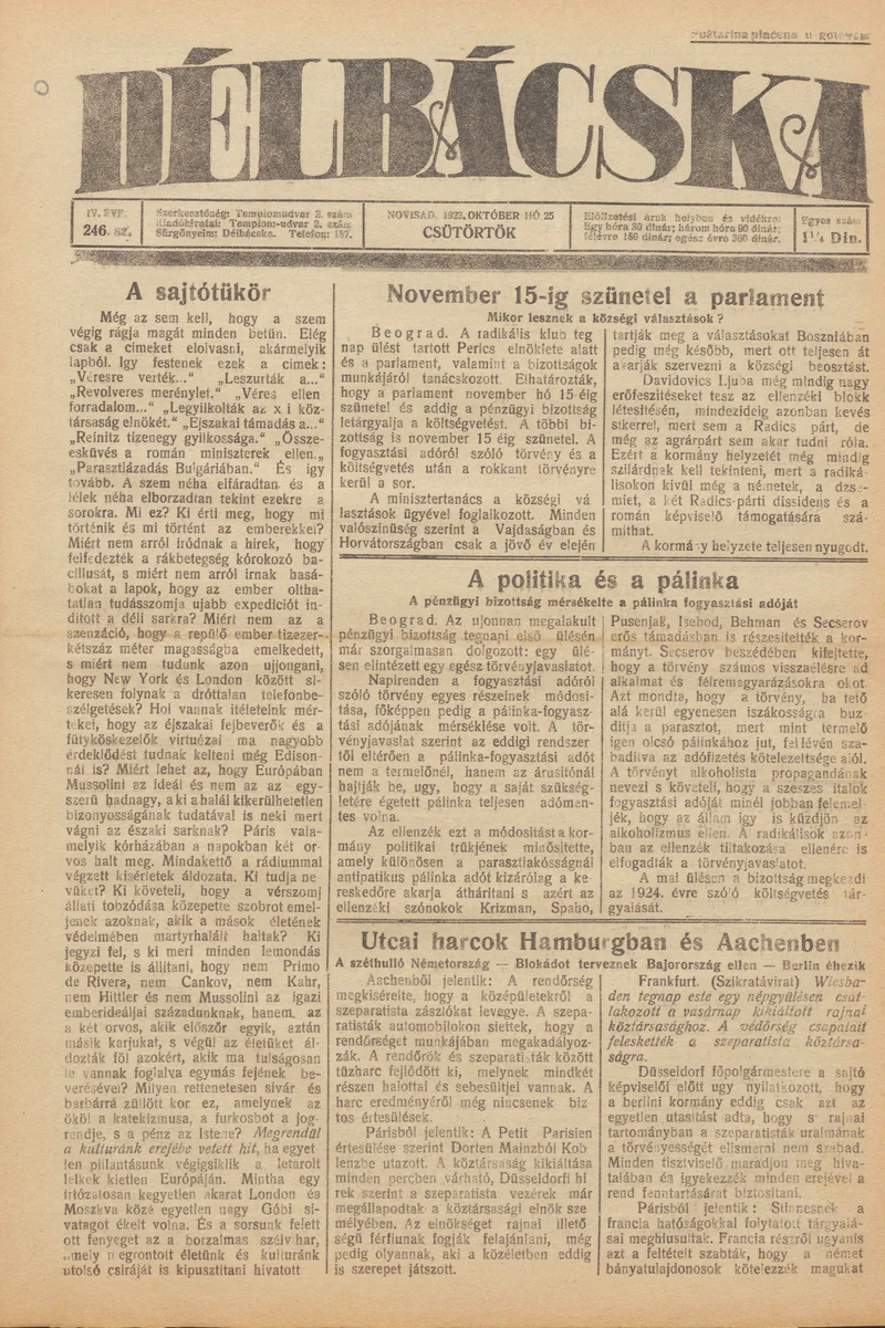 Délbácska, 4. évf. 1923. október 25. 246. sz.