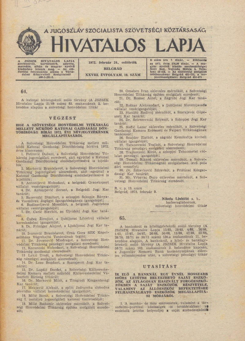 A Jugoszláv Szocialista Szövetségi Köztársaság Hivatalos Lapja, 28. évf. 1972. február 24. 10. sz. 241–252. oldal