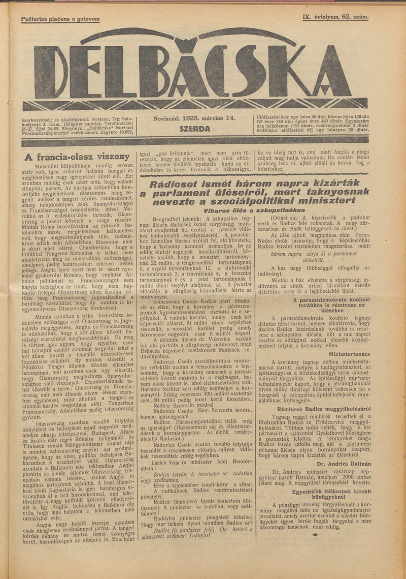 Délbácska, 9. évf. 1928. március 14. 62. sz.