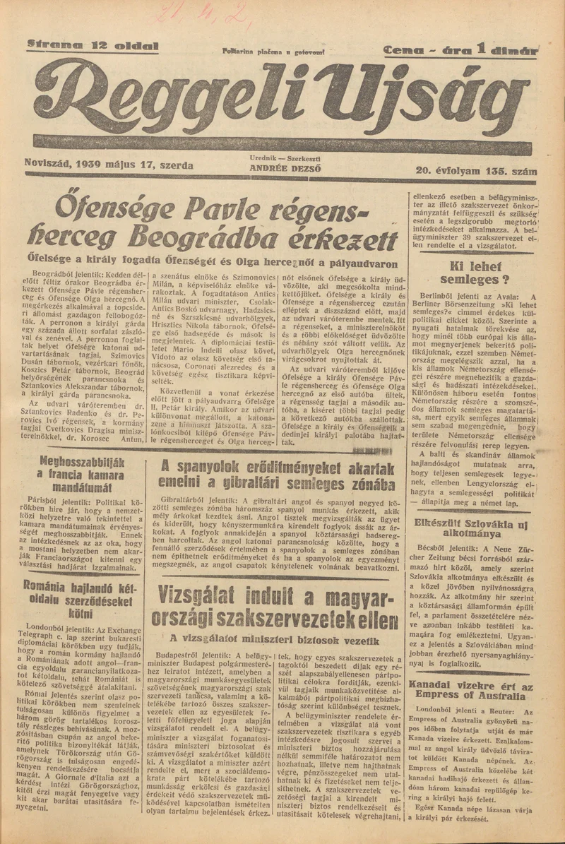 Reggeli Újság, 20. évf. 1939. május 17. 135. sz.
