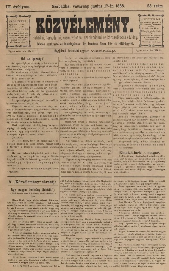 Közvélemény, 3. évf. 1888. június 17. 25. sz.