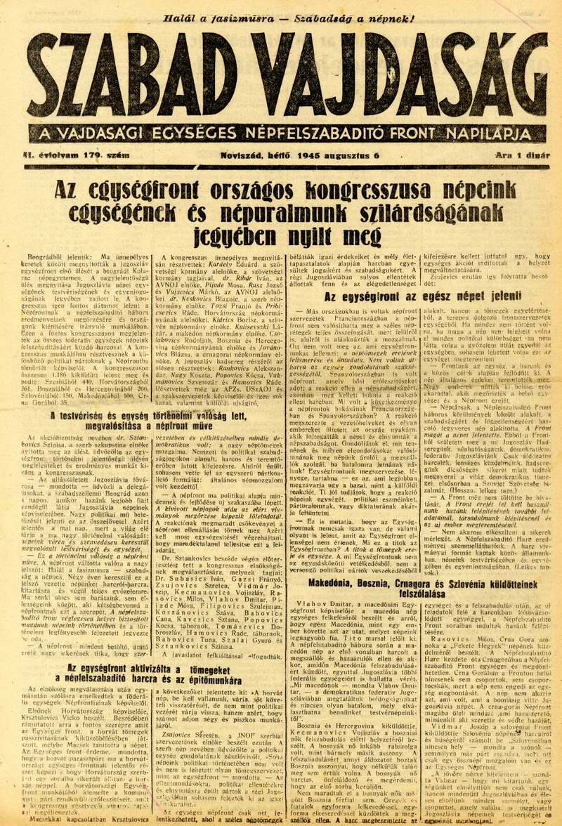 Szabad Vajdaság, 2. évf. 1945. augusztus 6. 179. sz.