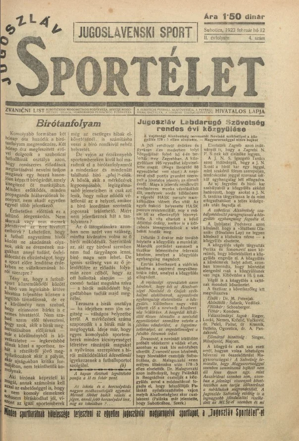 Jugoszláv sportélet, 2. évf. 1923. február 12. 4. sz.