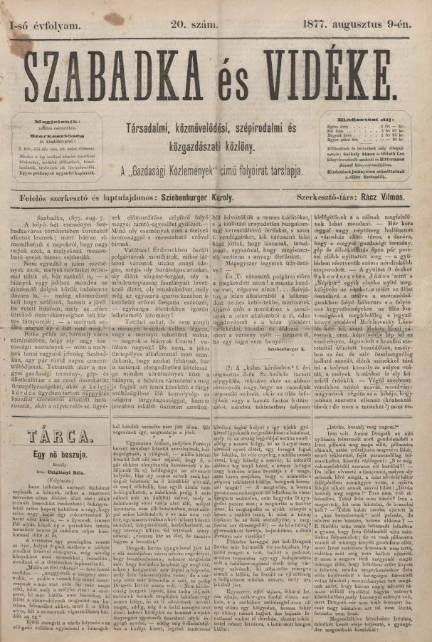 Szabadka és vidéke, 1. évf. 1877. augusztus 9. 20. sz.