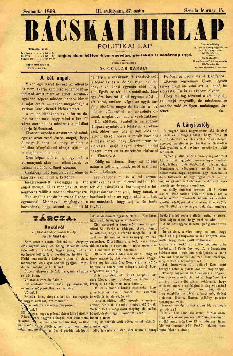 Bácskai Hirlap, 3. évf. 1899. február 15. 27. sz.