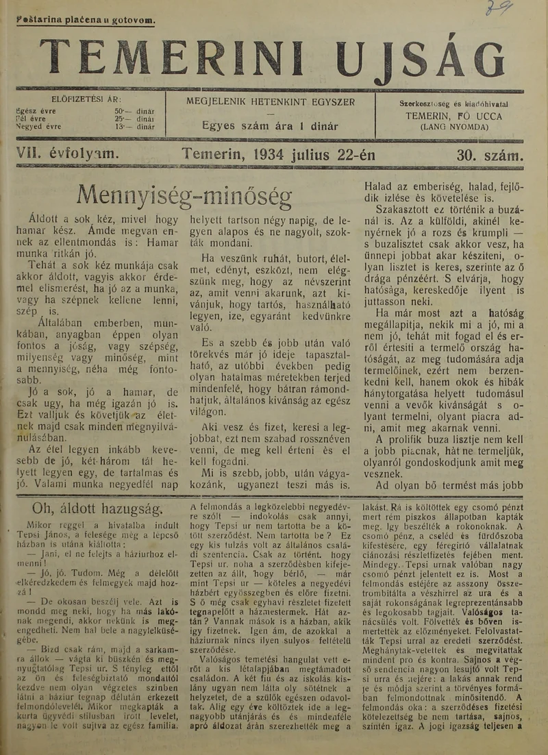 Temerini Újság 1928-1944, 7. évf. 1934. július 22. 30. sz.