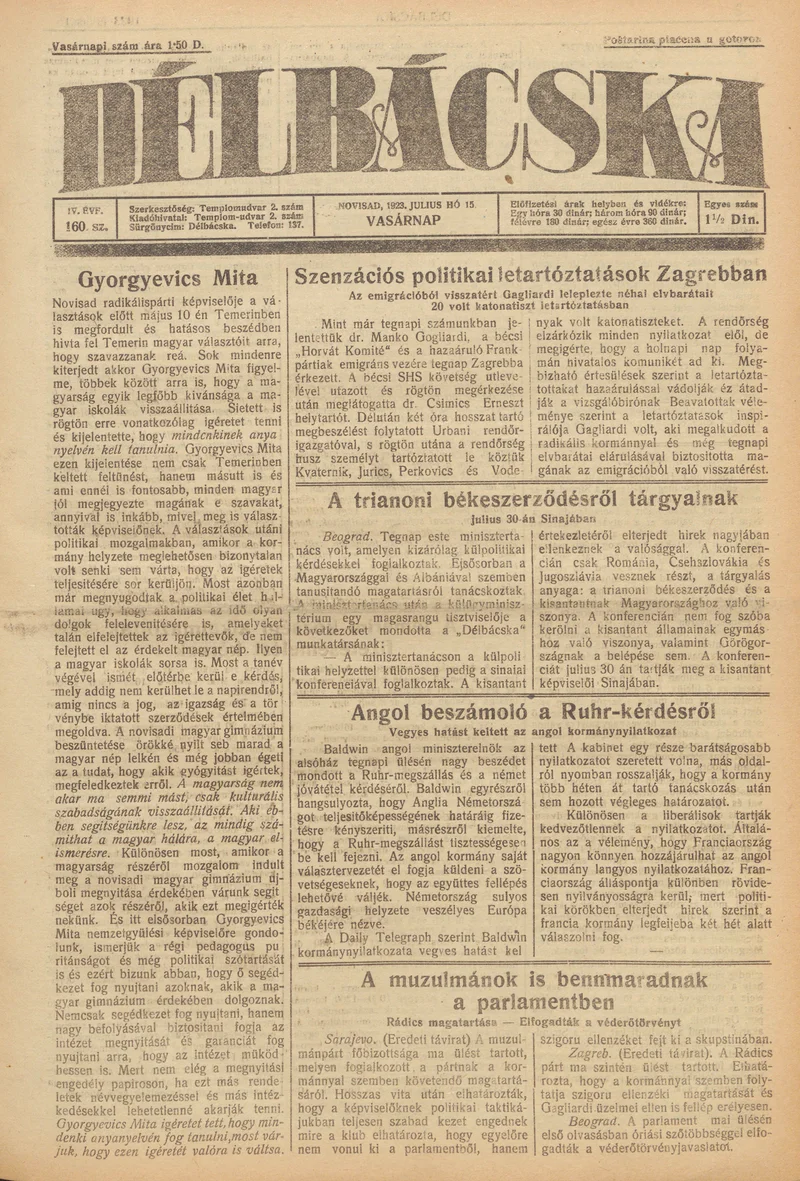 Délbácska, 4. évf. 1923. július 15. 160. sz.
