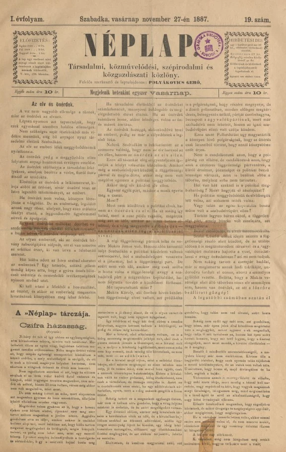 Néplap, 1. évf. 1887. november 27. 19. sz.