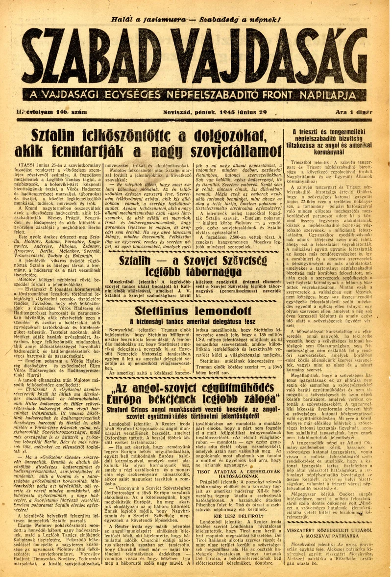 Szabad Vajdaság, 2. évf. 1945. június 29. 146. sz.