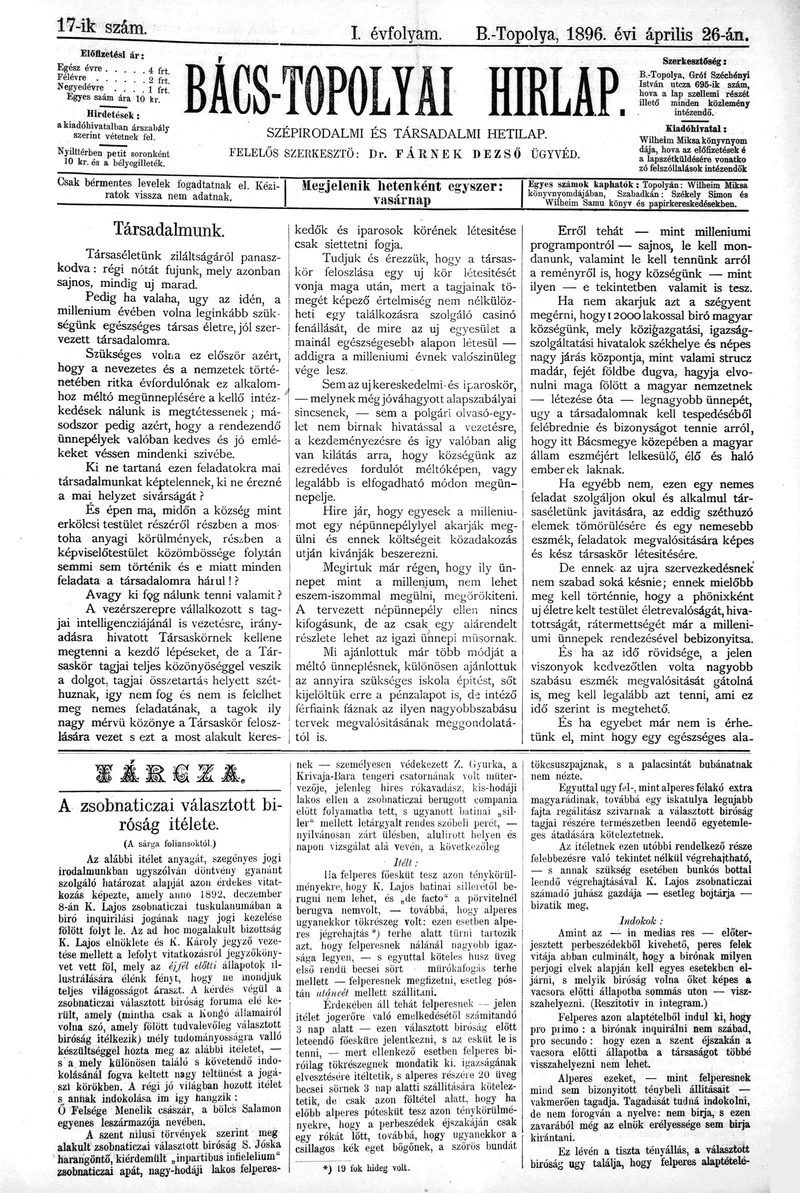 Bács-Topolyai Hirlap, 1. évf. 1896. április 26. 17. sz.