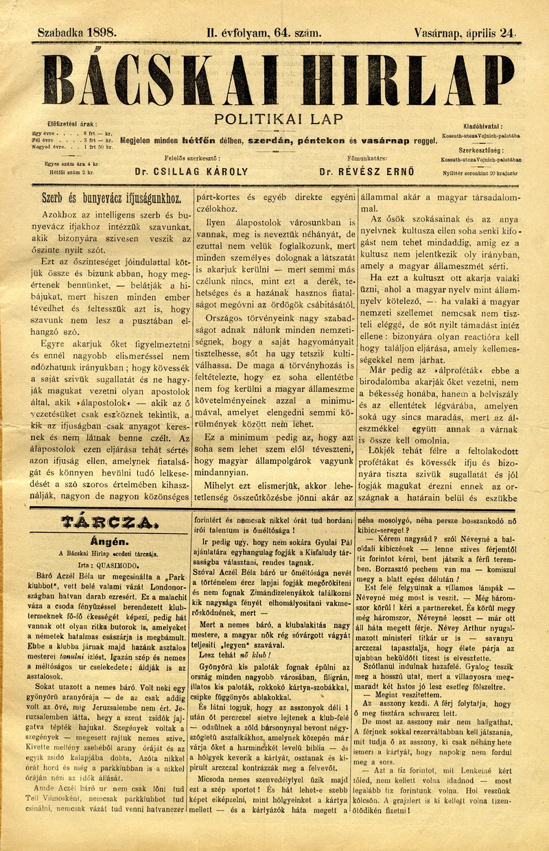 Bácskai Hirlap, 2. évf. 1898. április 24. 64. sz. 1–8. oldal