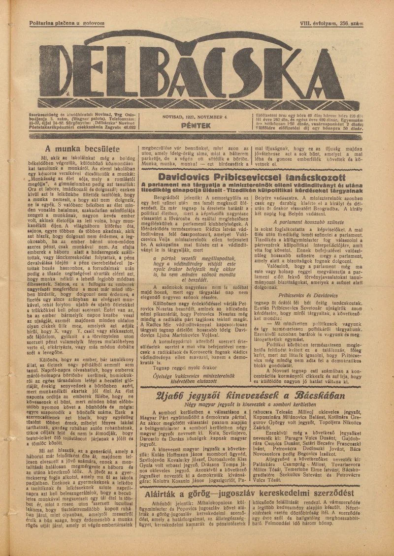 Délbácska, 8. évf. 1927. november 4. 256. sz.