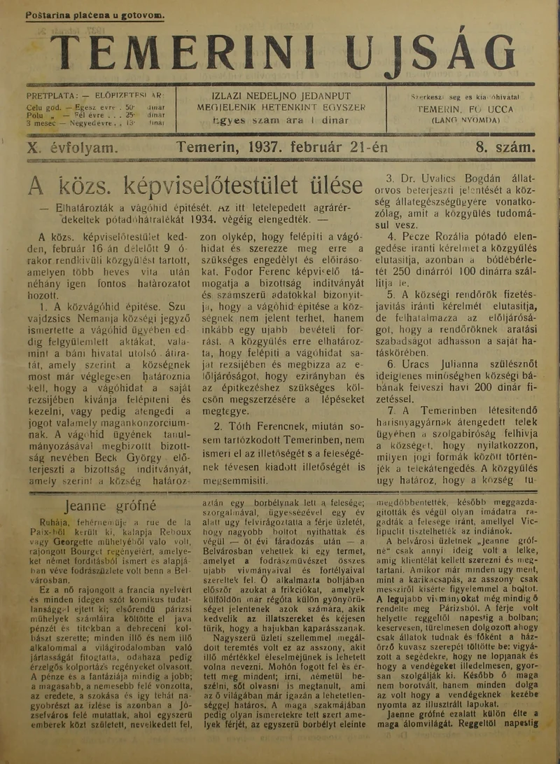 Temerini Újság 1928-1944, 10. évf. 1937. február 21. 8. sz.