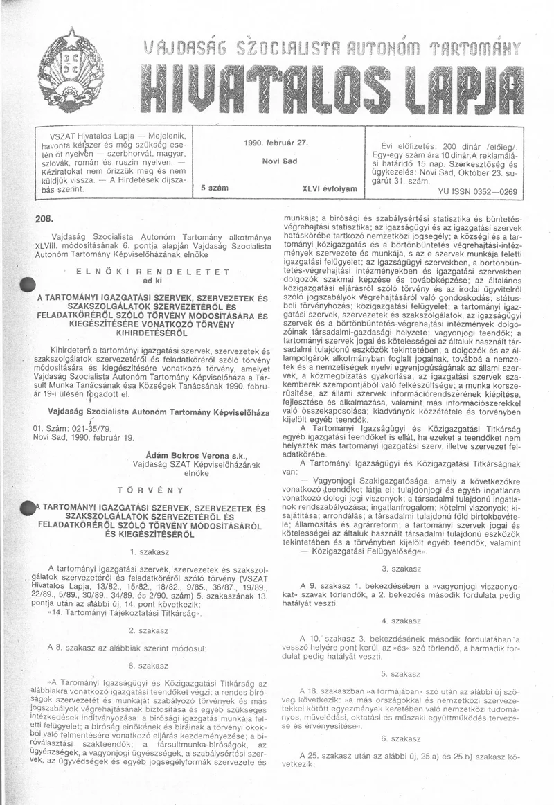 Vajdaság Szocialista Autonóm Tartomány Hivatalos Lapja, 46. évf. 1990. február 27. 5. sz.