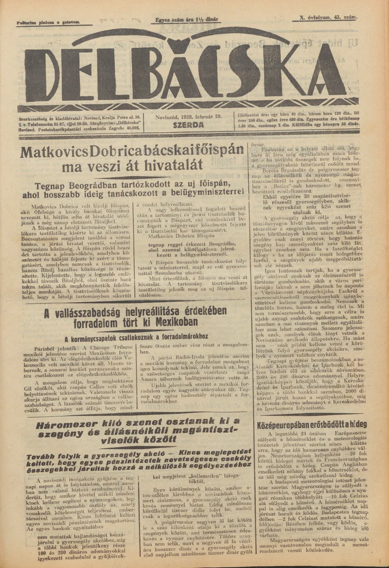 Délbácska, 10. évf. 1929. február 20. 43. sz.