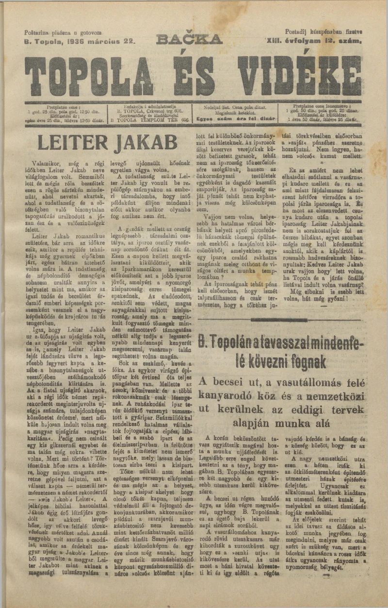 Bačka Topola és Vidéke, 13. évf. 1936. március 22. 12. sz.