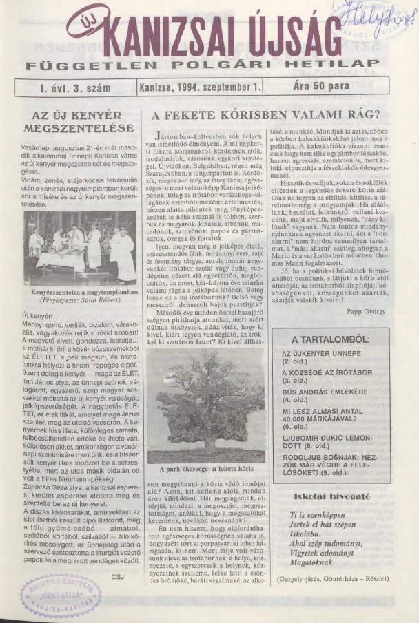 Új Kanizsai Újság, 1. évf. 1994. szeptember 1. 3. sz.