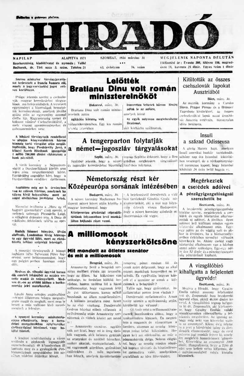 Híradó, 63. évf. 1934. március 31. 76. sz.
