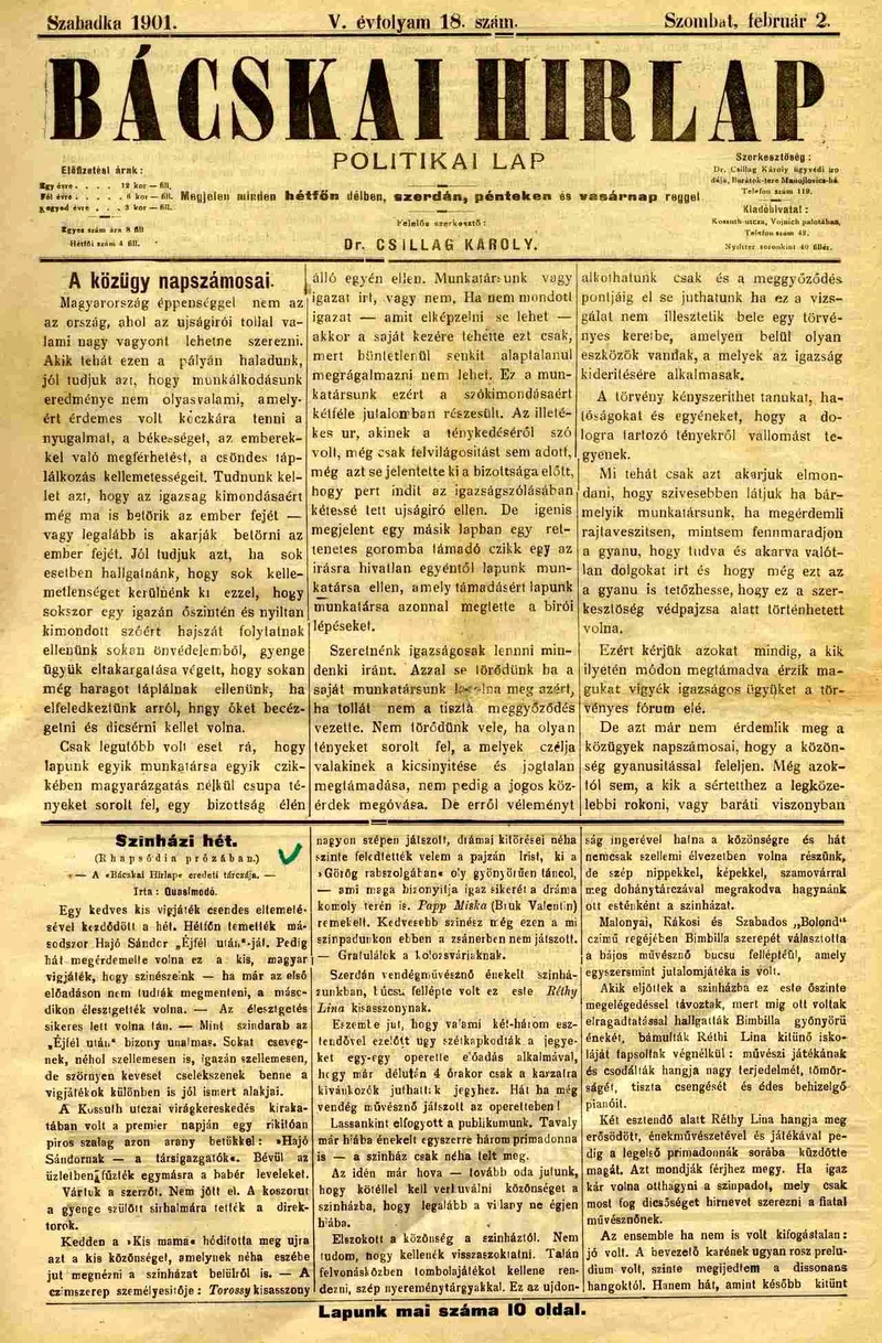 Bácskai Hirlap, 5. évf. 1901. február 2. 18. sz.