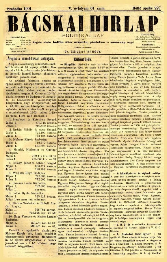 Bácskai Hirlap, 5. évf. 1901. április 22. 61. sz.