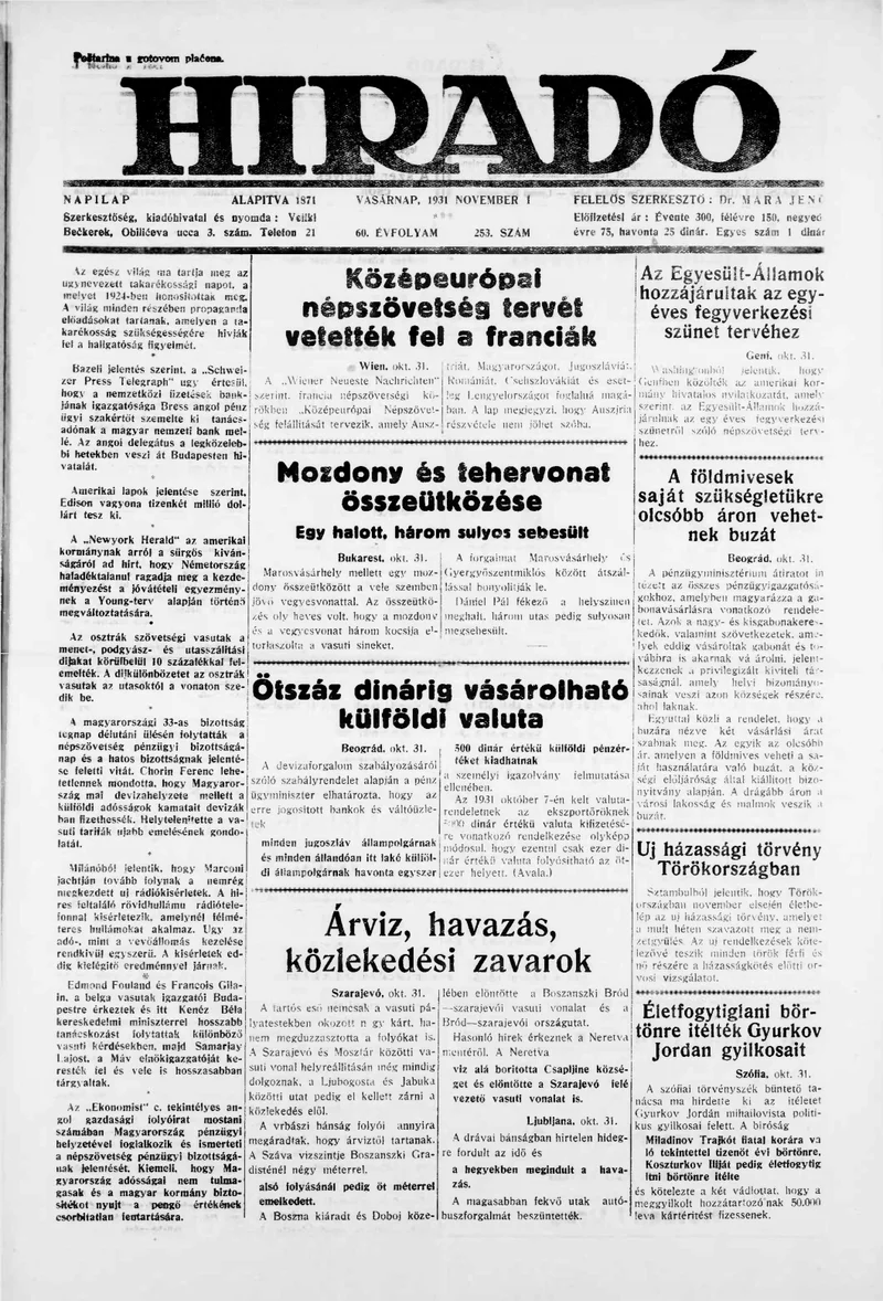 Híradó, 60. évf. 1931. november 1. 253. sz.