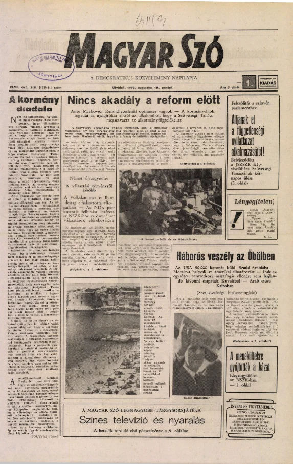 Magyar Szó, 47. évf. 1990. augusztus 10. 218. sz. 1–20. oldal