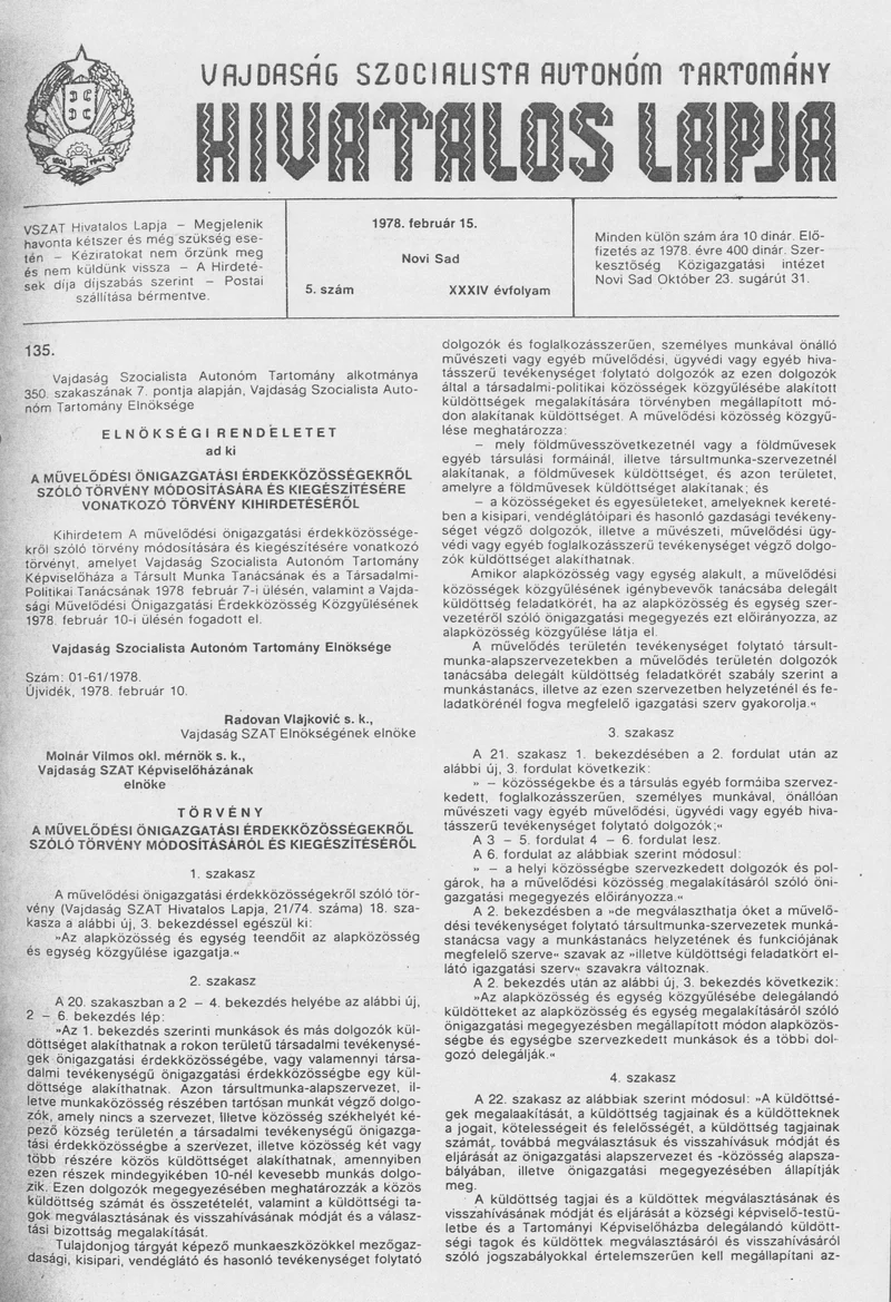 Vajdaság Szocialista Autonóm Tartomány Hivatalos Lapja, 34. évf. 1978. február 15. 5. sz. 189–200. oldal