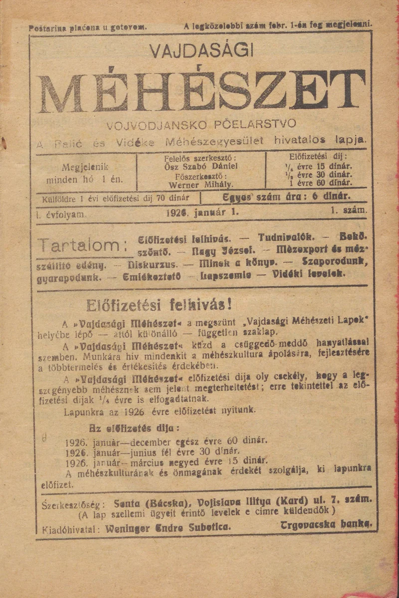 Vajdasági méhészet, 1. évf. 1926. január 1. 1. sz.