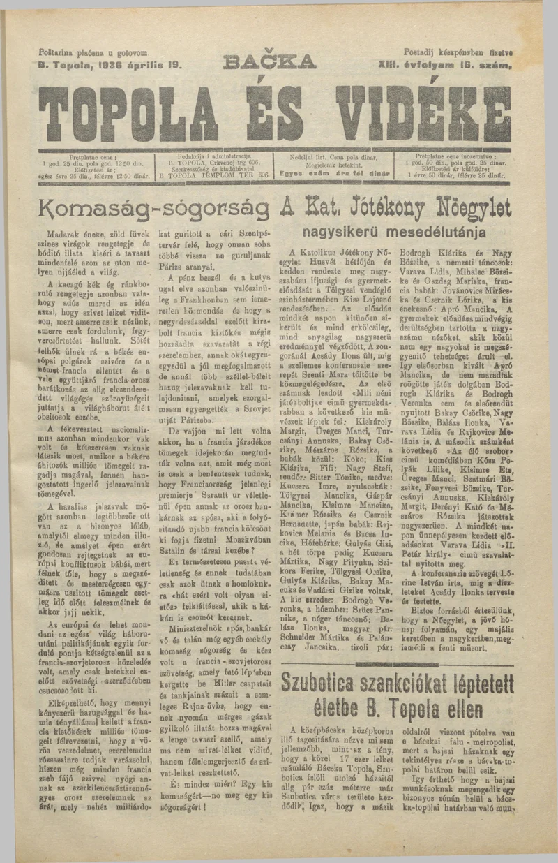 Bačka Topola és Vidéke, 13. évf. 1936. április 19. 16. sz.