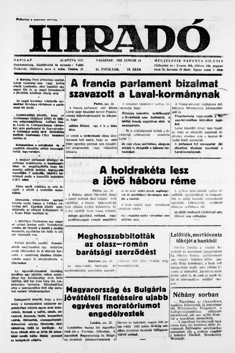Híradó, 61. évf. 1932. január 24. 19. sz.